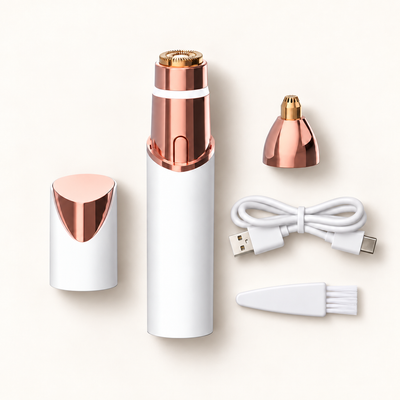 White Neluvra trimmer with facial head, removable cap, precision attachment, USB charging cable and cleaning brush.