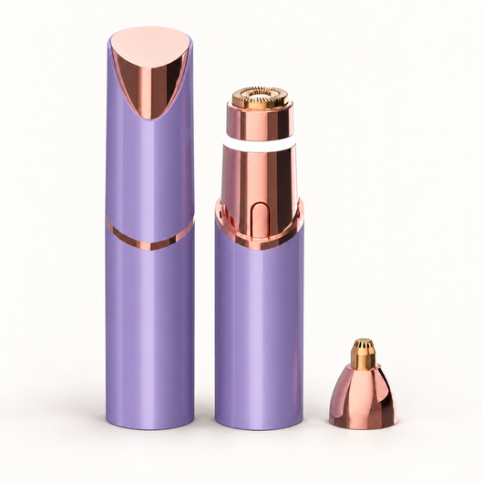 Purple Neluvra 2-in-1 facial trimmer shown capped and uncapped with the round facial head fitted, and the precision attachment beside it.