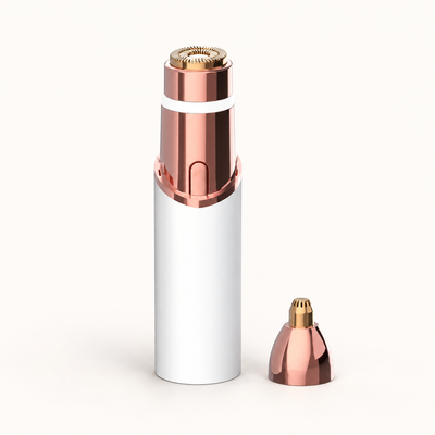 Neluvra 2-in-1 trimmer in White, with the round facial head attached and the separate precision head beside it.